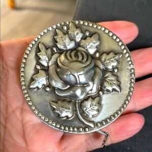 Vintage seamstress measure tape rose design silvertone